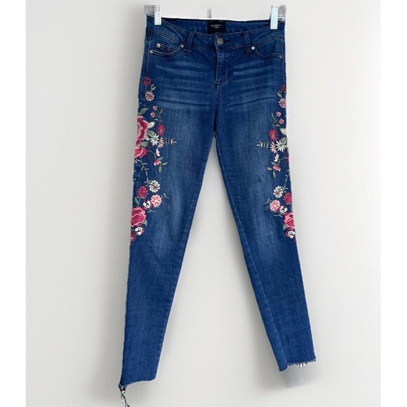 Celebrity Pink Denim - Celebrity Pink Embroidered Floral Mid Rise Ankle Skinny Jeans Womens 3 Blue Boho